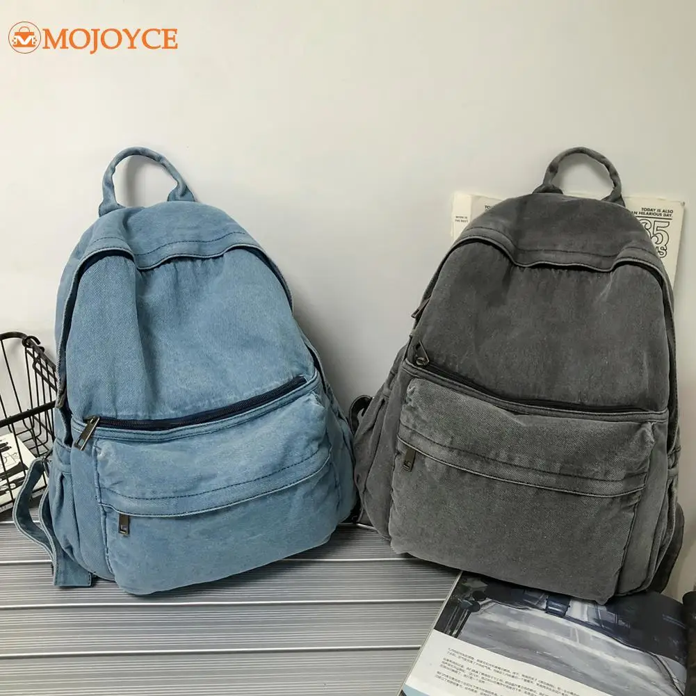 Fashion Vintage Cowboy Bookbag Students Outdoor Hiking Rucksack Large Capacity Zipper Retro Backbag Student Denim Solid Backpack