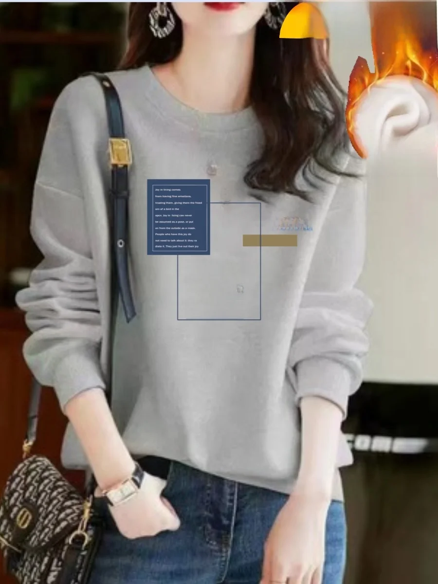 

Женская толстовка больших размеров с длинным рукавом, на флисовой подкладке, свободного кроя, осенне-зимняя, с принтом, для повседневной носки