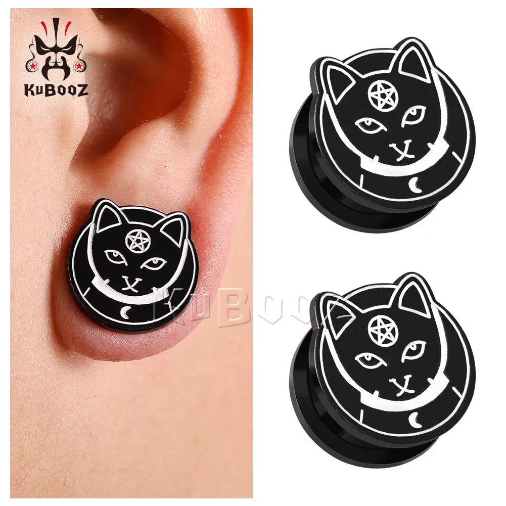 KUBOOZ Newest Acrylic Cat Pentagram Black Ear Tunnels Piercing Body Jewelry Ear Plugs Gauges Stretchers Expanders 2PCS