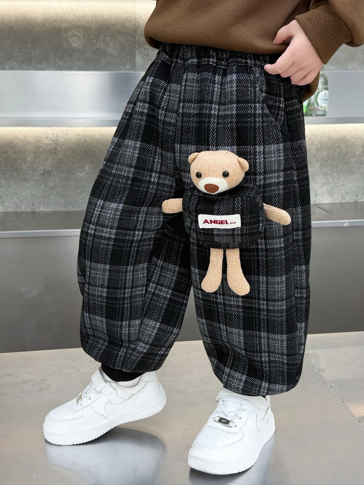 

Детские спортивные брюки Thiened Fce с мультяшным дизайном медведя, осенне-зимние длинные брюки для мальчиков, теплые повседневные свободные детские брюки