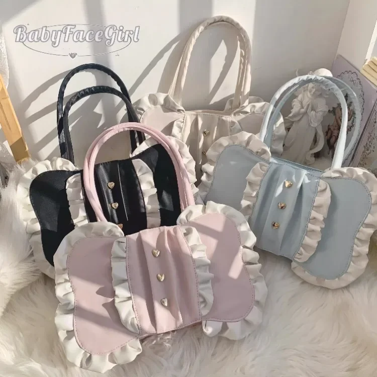 Busur Lolita tas Niche semua cocok lucu lembut gadis JK tas bahu 2024 permen Jepang desain Kawaii PU tas tangan