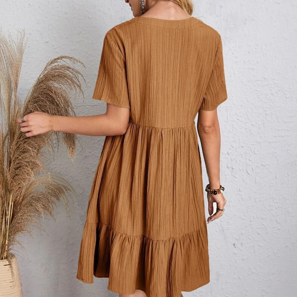 Women Summer Dresses Spring V-Neck Short Sleeve Loose Waist Ruffle Fit Flare Vocation Dresses