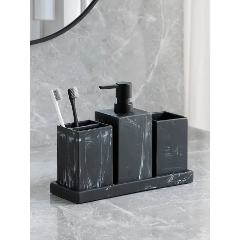 Bathroom Accessories Vanity Countertop Accessory Set Marble Look Lotion Dispenser Tumbler Toothbrush Holder Tray