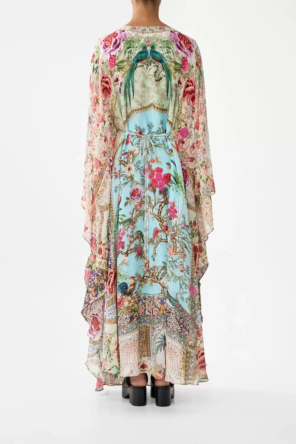 2026 Floral Printed Women Color Patchwork Maxi Dress Crystal Beaded V-Neck Batwing Sleeve Loose Ladies 100% Silk Robe
