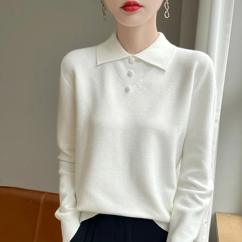 Fall/Winter 2024 New Women\'s POLO Neck Long Sleeve Korean version of 100% Pure Wool Simple Leisure Knitted Cashmere Sweater