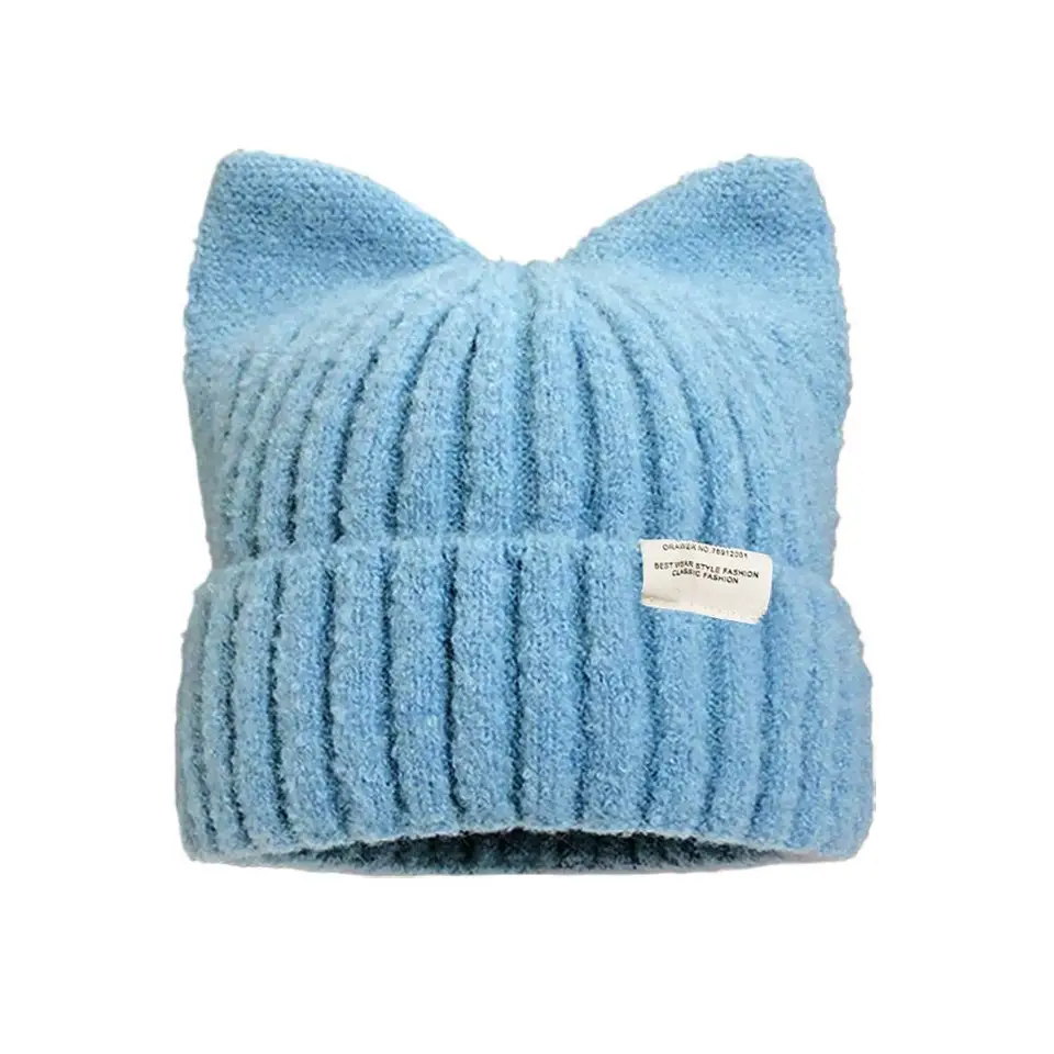 NEW Cute Cat Ears Beanies For Women Autumn And Winter Warm Ear Protection Sweet Versatile Pullover Knitted Hats, image 9