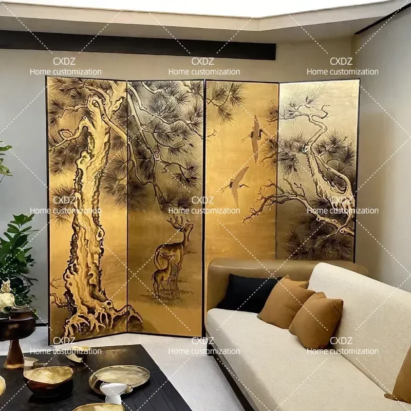 Pantalla Plegable Japonesa Personalizada, Pintada a Mano con Lámina Dorada, Pintura de Lacado, Árbol de Pino Antiguo, Grulla, Entrada de Sala de Té