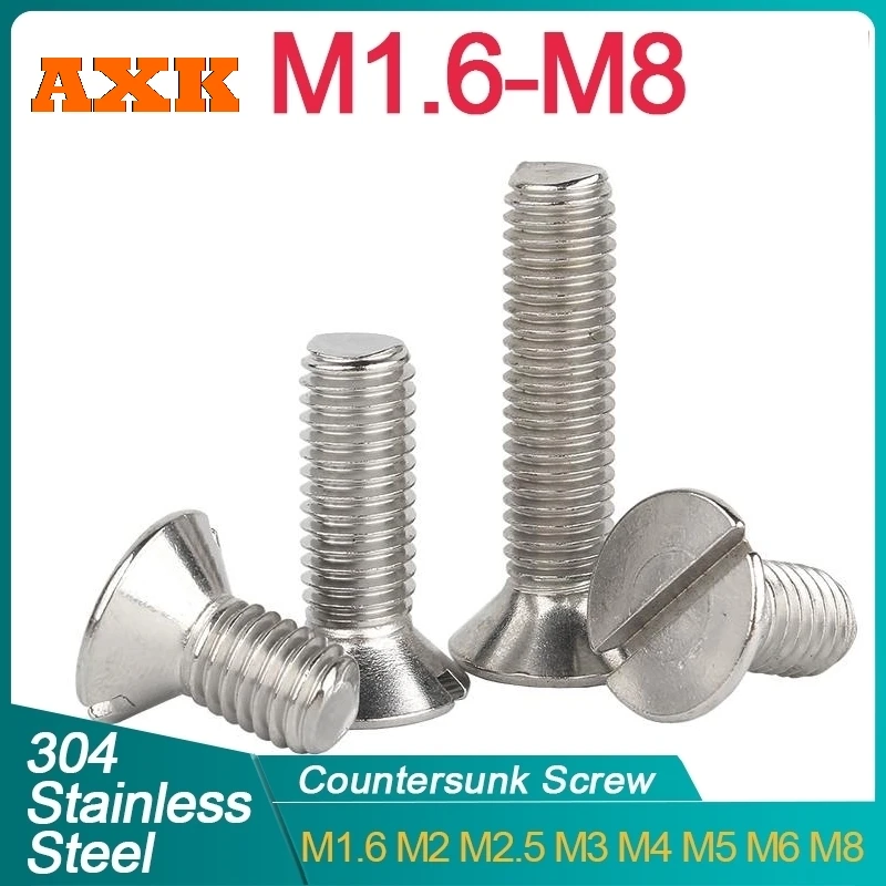 50/ 20/ 10pcs M1.6 M2 M2.5 M3 M4 M5 M6 M8 304 stainless Steel Metric Threaded Slotted Flat Countersunk Head Screw Bolt GB68