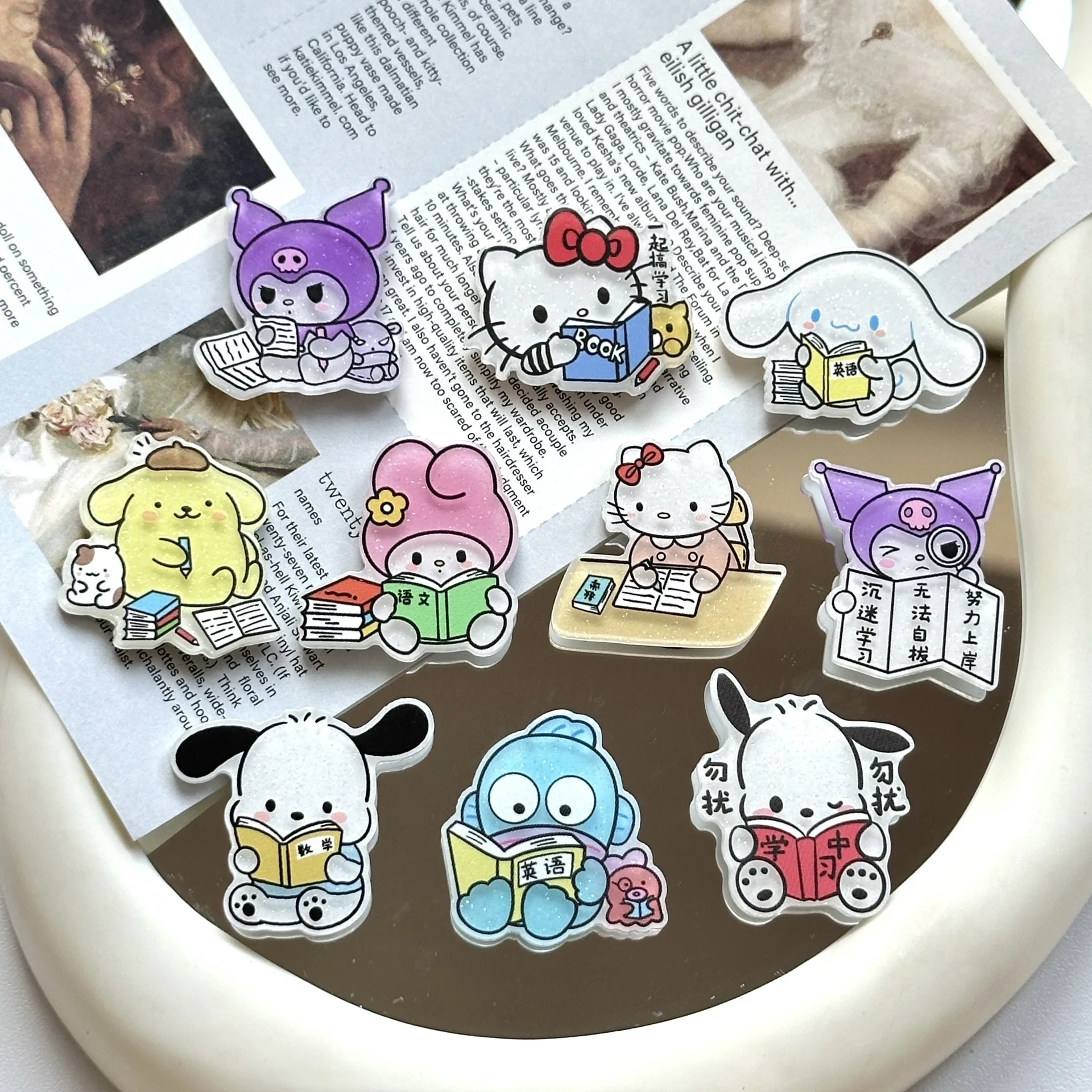 10Pcs New Acrylic Kawaii Cute Cartoon Anime  Reading creativity Sticker  Series Clip Book DIY Fashion Hairpin Decoration Crafts