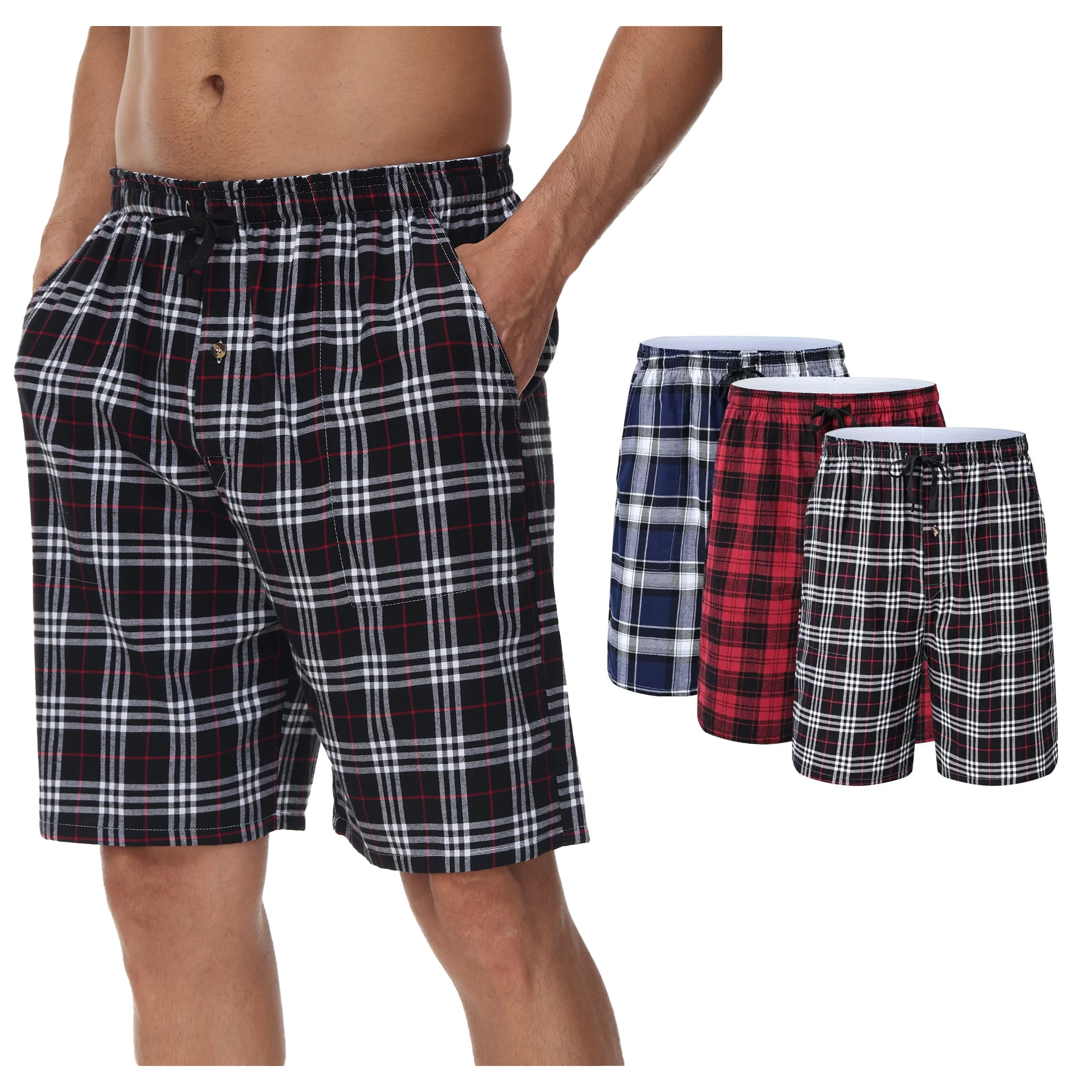 3Pcs 100% Cotton Pajama Pants, Men Plaid Elastic Waist Sleeping Shorts, Cozy & Soft Homewear Plaid Design Pants Set