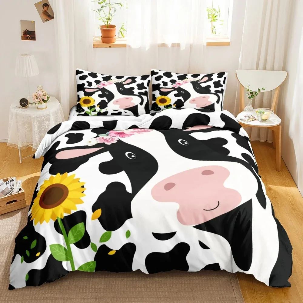 

Cow Print Duvet Cover Animal Cow Doodle Cartoon Drawing Farming Husbandry Sunflower Polyester Bedding Set Twin Queen King Size