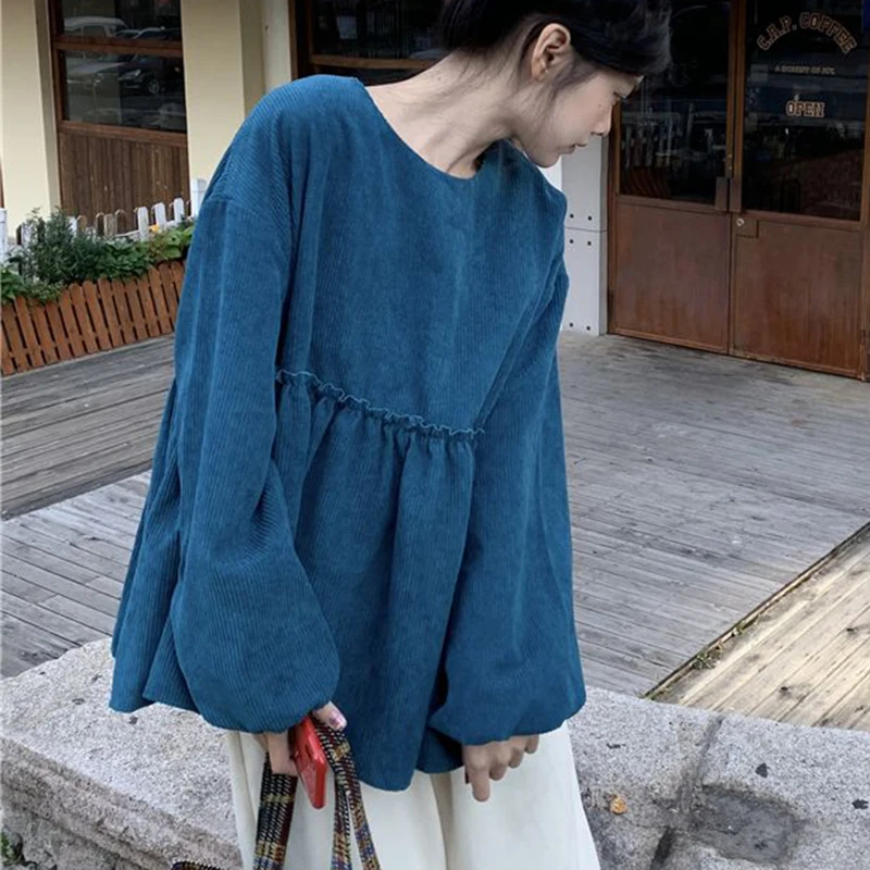 Gidyq Autumn Women Corduroy T Shirts Korean Fashion Streetwear Lantern Long Sleeve Tops Y2K Female Folds All Match Tees New