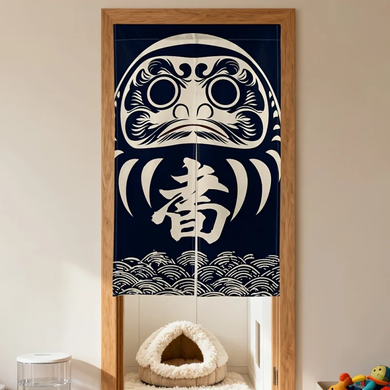 VIKAMA Traditional Japanese Daruma Noren Door Curtain, Navy Blue Daruma Print Room Divider For Restaurant & Home
