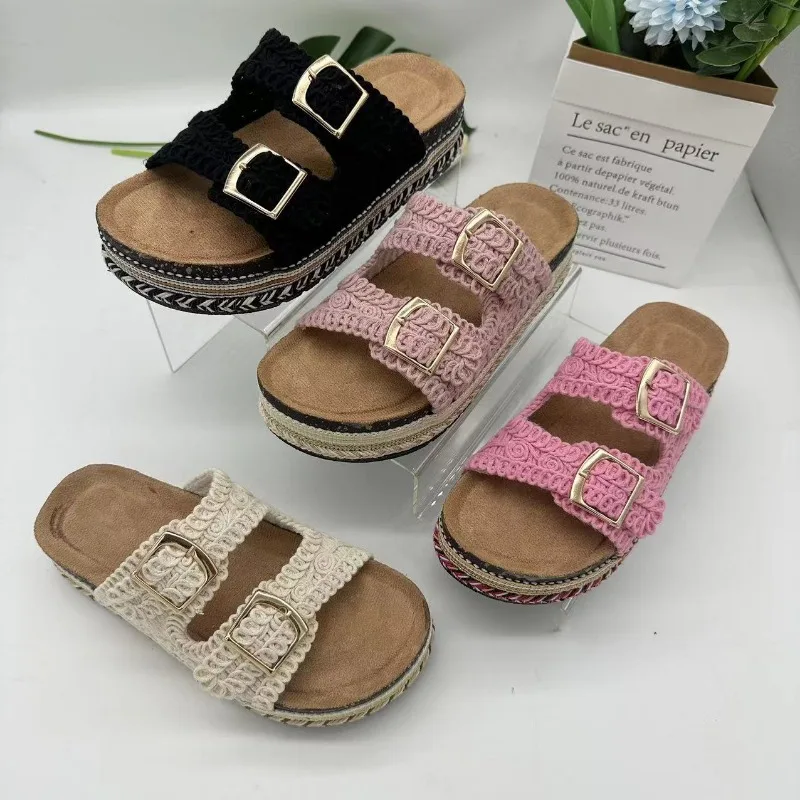 2024 new thick-soled hemp rope double buckle square buckle cork beach slippers plus size women shoes claquette femme