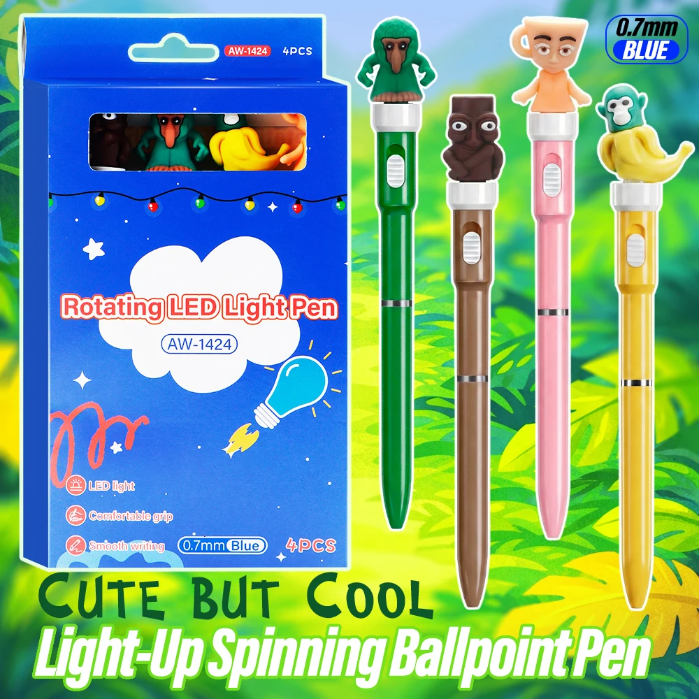 

Набор шариковых ручек с вращающимся светящимся механизмом, 4 шт., синие чернила 0,7 мм, милые 3D-колпачки в виде куколок, функция вращения для снятия стресса + двойная светодиодная подсветка, плавное письмо без перебоев в работе чернил, креативные оригина