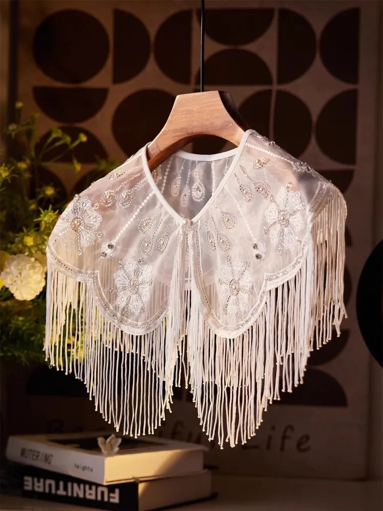 Women's Luxury Pearl Beaded Embroidery Tassel Pashmina Female Cosplay Show Shawl Cloak Collar R2739