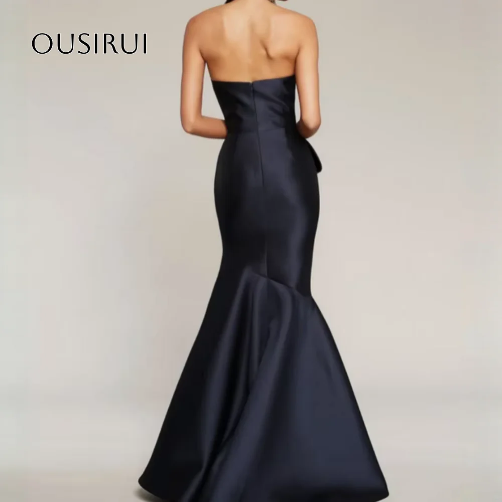 OUSIRUI Back Pleated Watteau Train Evening Dress for Women Elegant Long Black Sweetheart Prom Dresses Mermaid Satin Zipper
