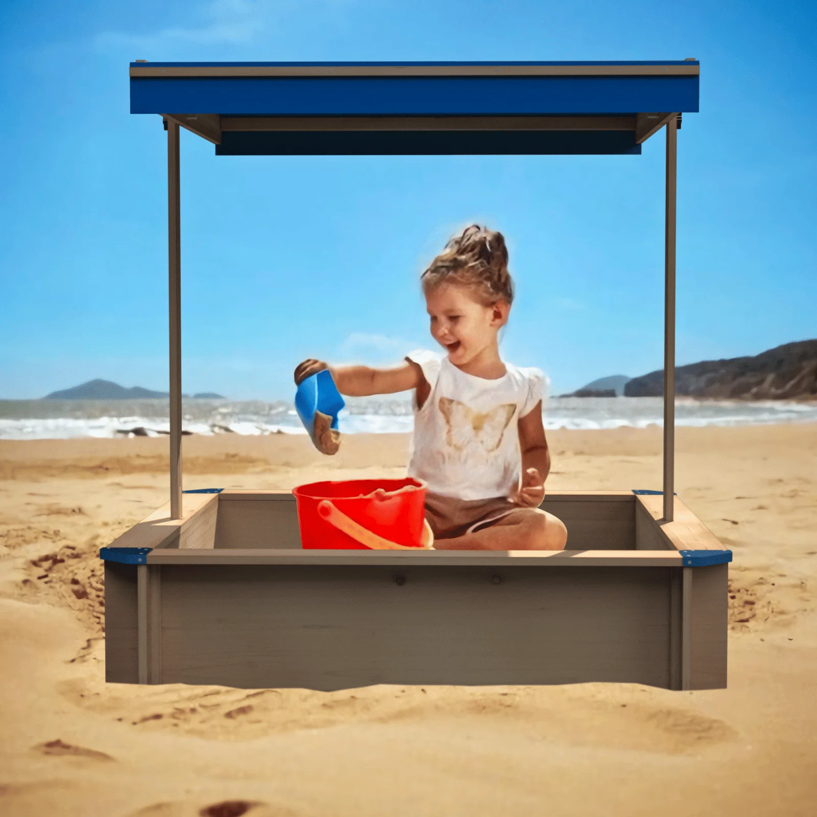 Children's Wooden Sandbox with Adjustable Canopy, Sand box with cover for Garden, Sand Pit