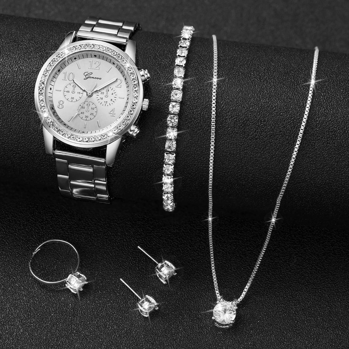 6 Ps/set Moda Feminina Relgios de Quartzo Strass Banda de Ao Inoxidvel Relgio de Pulso Conjunto de Jias (Sem Caixa)