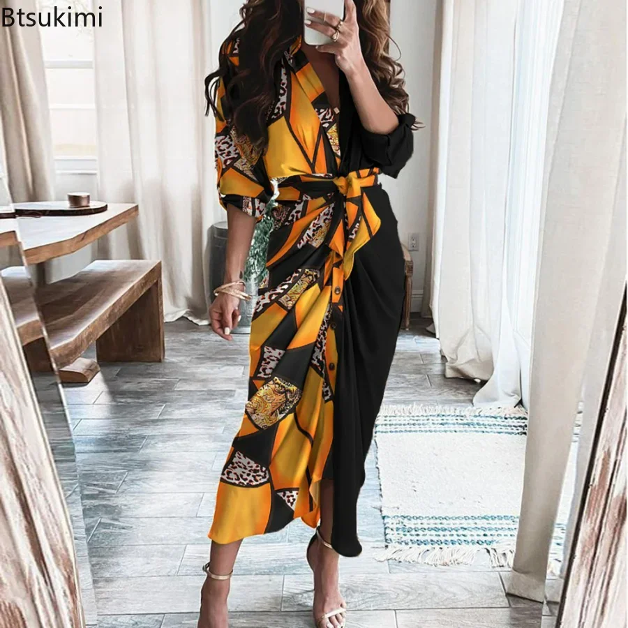 

New 2024 Women's Summer Bandage Shirt Dress Vintage Button Ruched Dress Printed Casual Dress Women Elegant Party Robe Vestidos