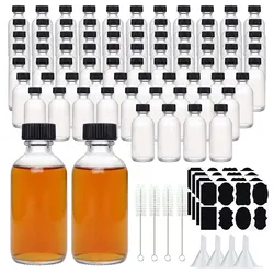 Pequenas garrafas de vidro transparente com tampas, recipientes redondos para amostras de suco, óleos, gengibre shots, uísque, líquidos, 2oz