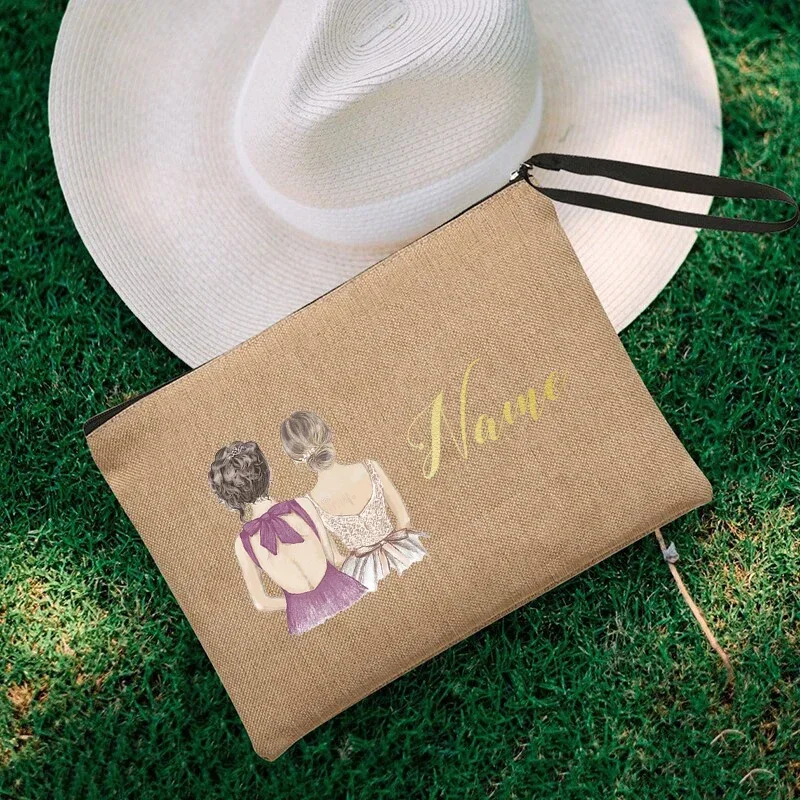 Bolsa de lona de maquillaje de boda personalizada, bolso elegante para damas, bolsa de lápiz labial cosmético, dama de honor, regalo de despedida de