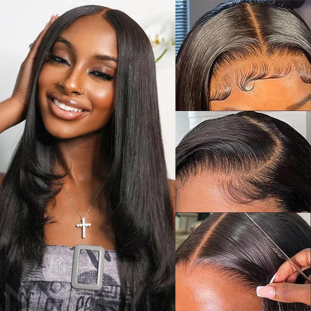 วิกผมหน้าผากลูกไม้สีดำธรรมชาติแบบเลเยอร์ ตัดแต่งทรงตรง  พร้อมผมด้านหน้าที่ถอนขนแล้ว  วิกแบบไม่ต้องใช้กาว  วิกผมสังเคราะห์ทรงบัตเตอร์ฟลาย