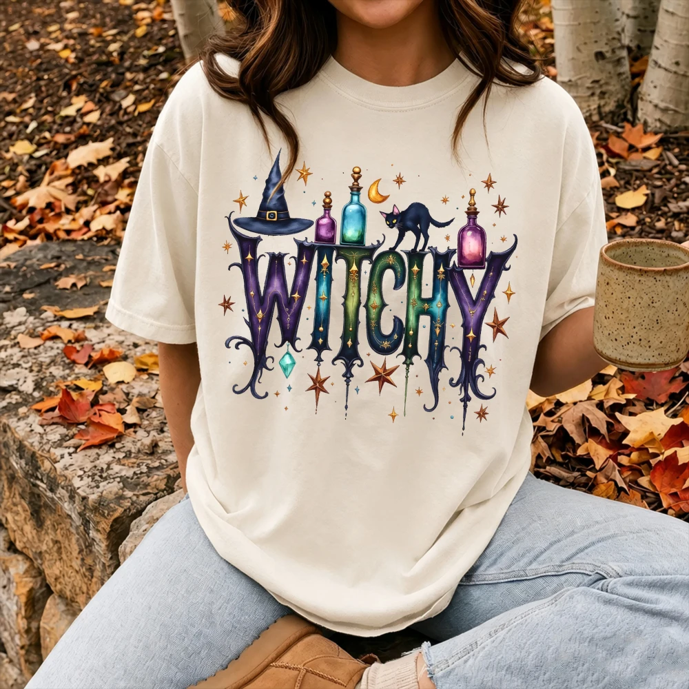 Witchy Shirt Women Halloween Cotton Magic Potion Black Cat Graphic Tee Vintage Spooky Season Short Sleeve Cottagecore Attire
