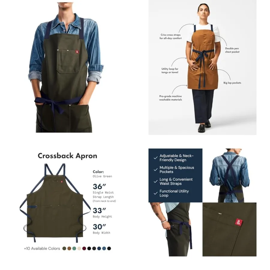

Crossback Apron - Crossback Chef Apron with Pockets - 100 Cotton Canvas, 8oz - Olive Green