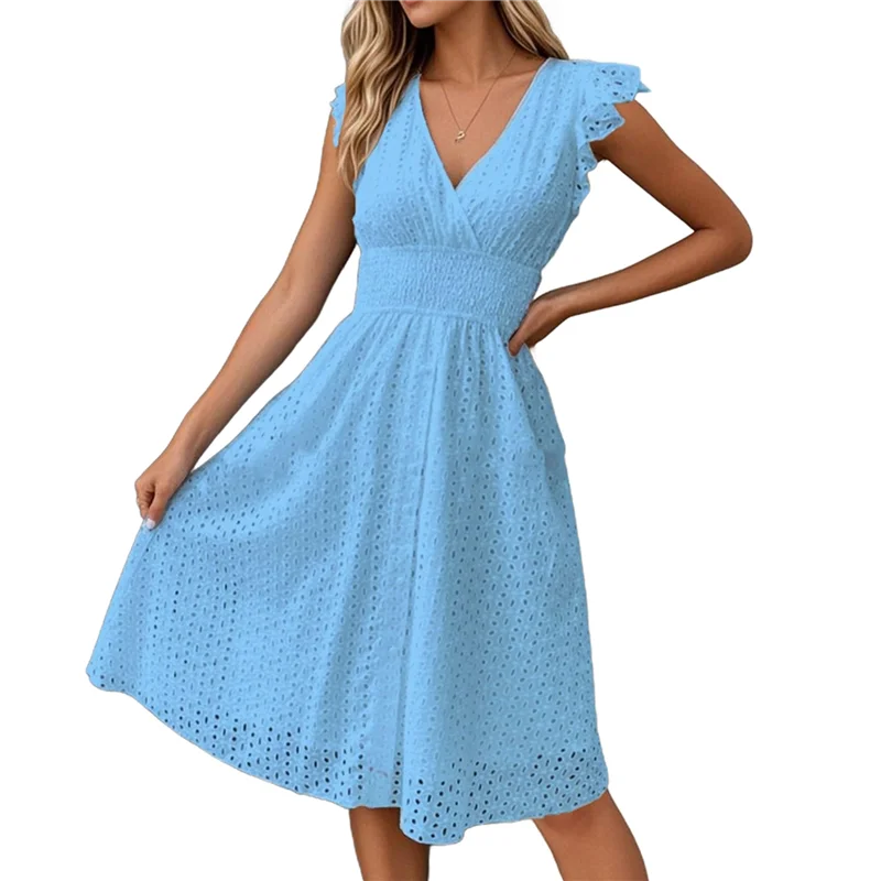 NUOVO-Donna 2025Eyelet Abito da festa in vita smock con ricamo in pizzo Manica svolazzante A Line Abito lungo midi da sole