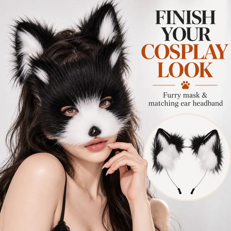 4Pcs Furry Fox Costume Set Animal Mask Ears Headband Long Tail Paw Gloves Cosplay Accessories For Adults Party Dress Up Gift