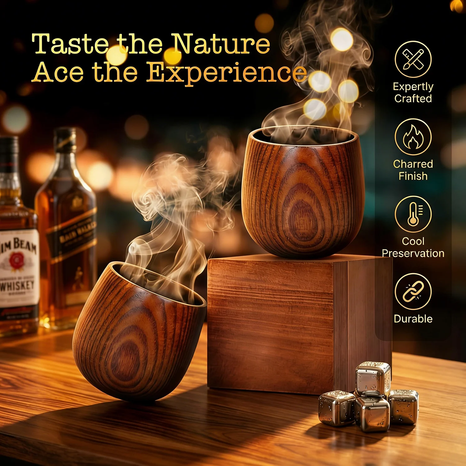 Juego Premium de 2 Vasos Old Fashioned de Madera Quemada, Vasos de Whisky Hechos a Mano, Juego de Regalo Ideal para Hombres y Padrinos de Boda