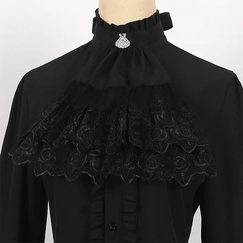 Women Elegant Vintage Medieval Lotus Shirt Long Sleeve Steampunk Victorian Blouse Ruffle Lace Stand-Up Tops Gothic Pirate Shirt