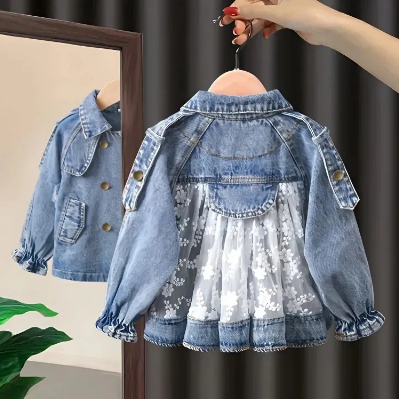 

Весенне-осенняя детская кружевная джинсовая куртка, одежда, модный повседневный топ для девочек, верхняя одежда 2023, детская ветровка, пальто