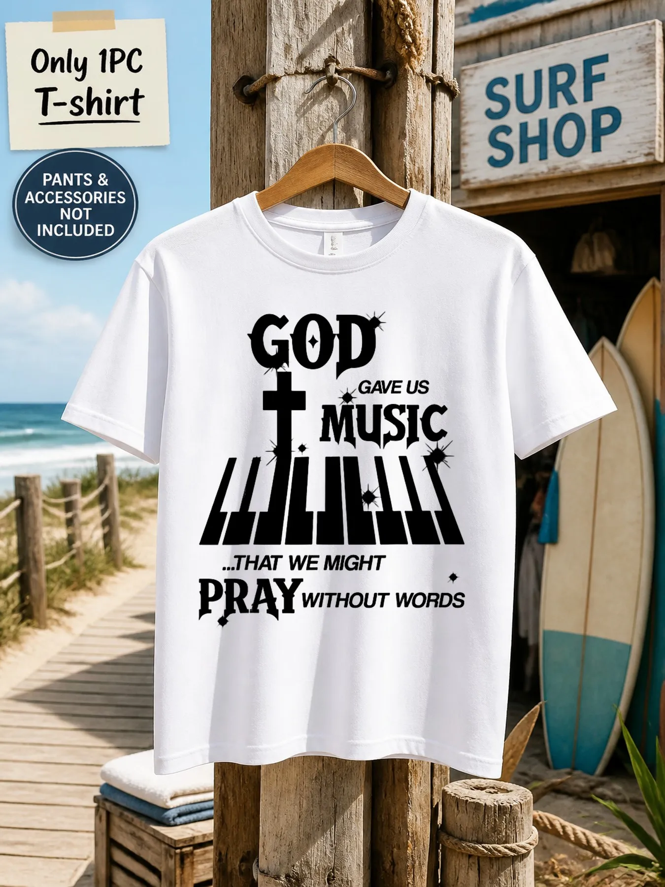 1pc Mens Graphic T Shirt God Gave Us Music That We Might Pray Without Words Piano Cross Print Short Sleeve Crew Neck[solely 1pc T-SHIRT]