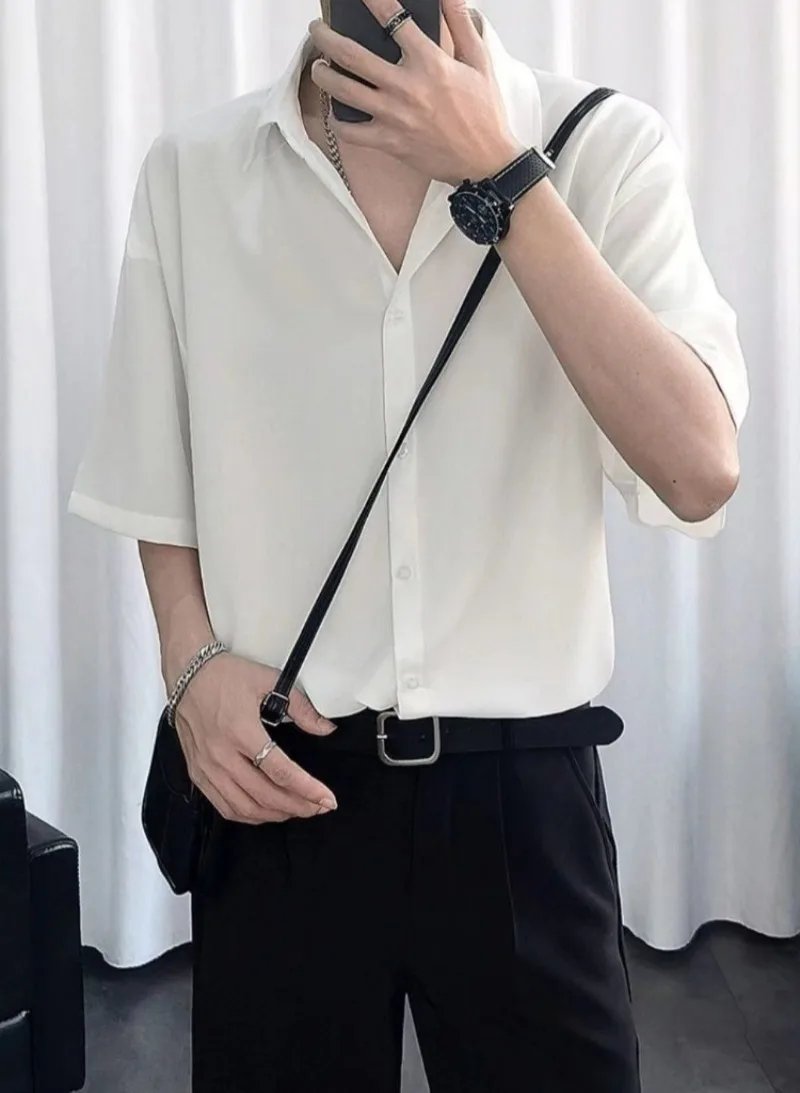

Summer Men Short Sleeve Set Thin Draping Loose Fit Casual Ice Silk Solid Color Trendy Premium Shirt
