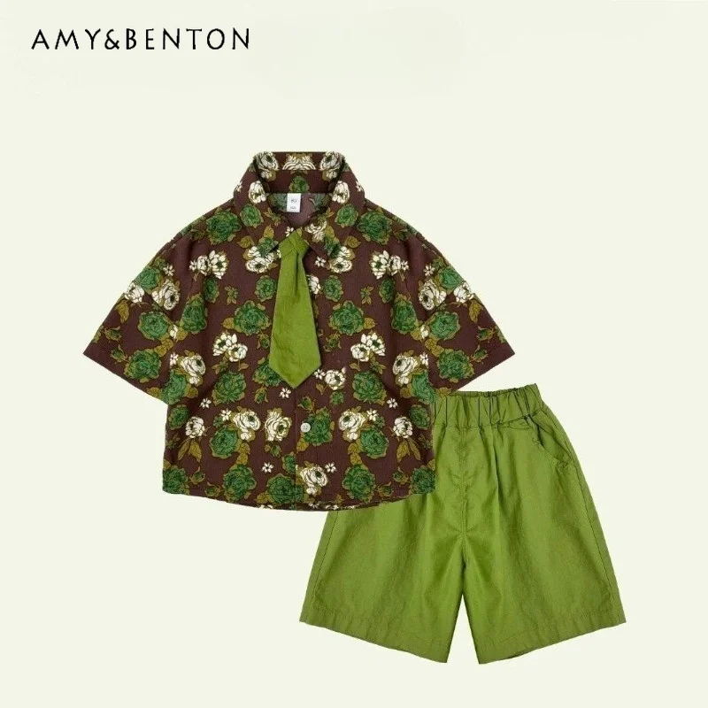 kids-boys-2pcs-floral-outfit-short-sleeve-printed-shirt-and-green-shorts-with-necktie-casual-summer-suit-for-toddlers-clothes