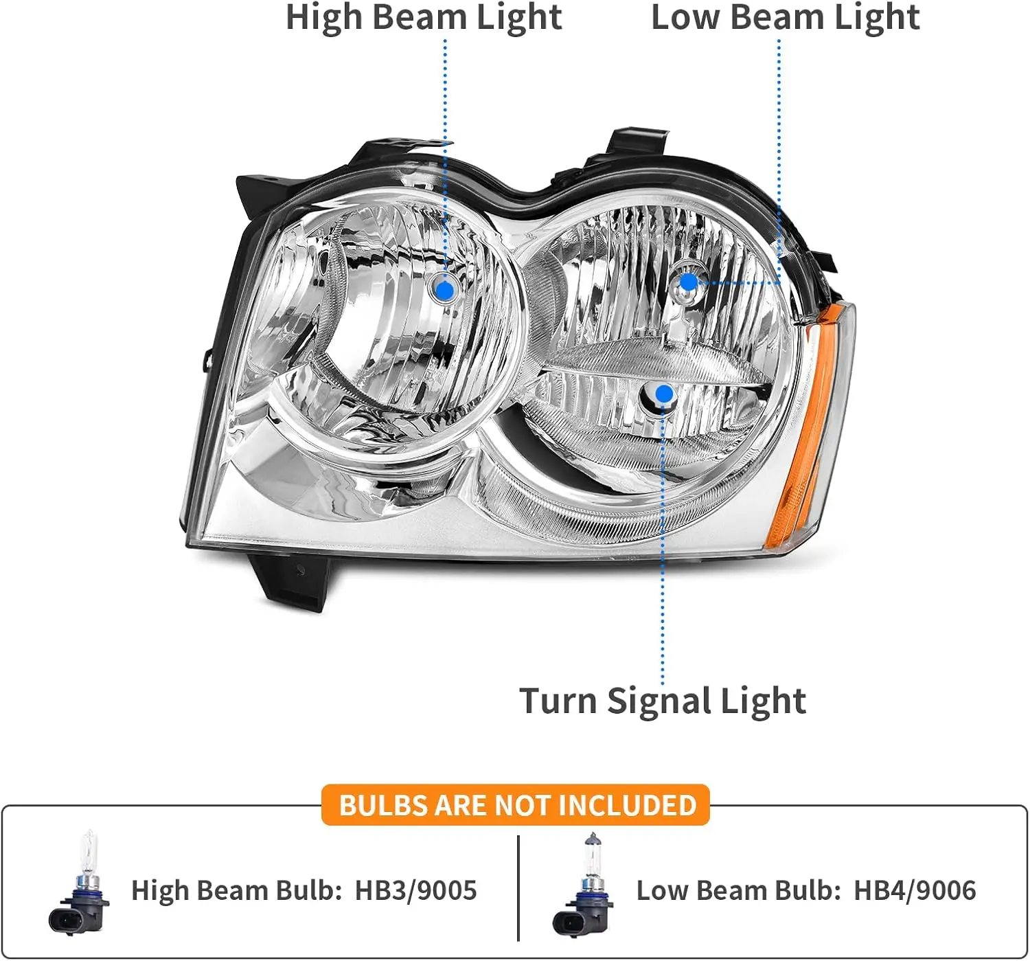Compatible with 2005-2007 Jeep Grand Cherokee Headlight Assembly, Chrome Housing, Clear Lens, Amber Reflector - Driver and Passe