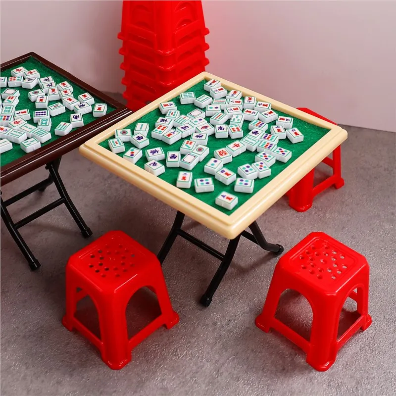 1 Set Mini Mahjong Table And Chair Kit Vintage Home Model Doll House Furniture Accessories 1/12 Dollhouse Miniature Decor Toy