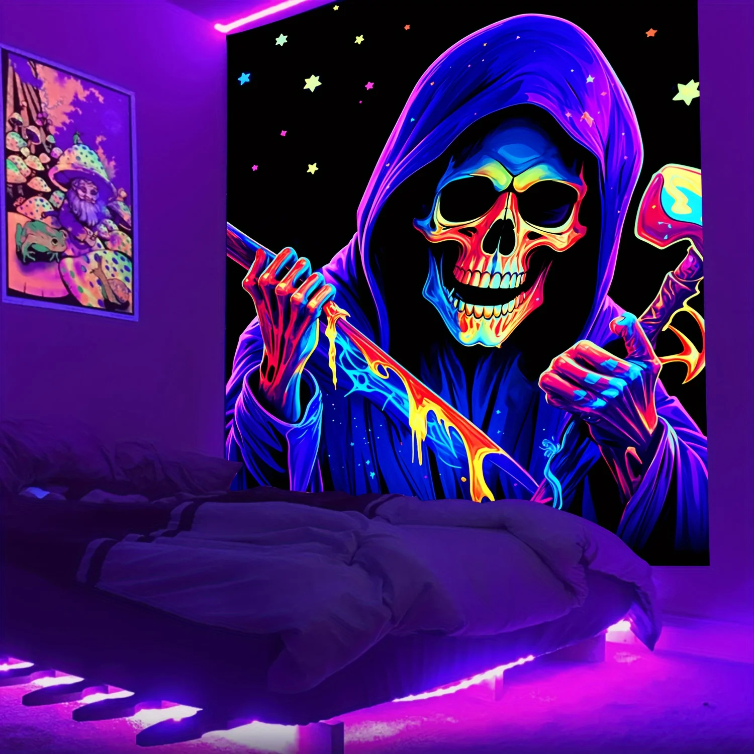 

VIKAMA Halloween Dark Wizard Tapestry Dazzling Skeleton Star Fluid Gaming Room Secret Room Decoration Cyberpunk