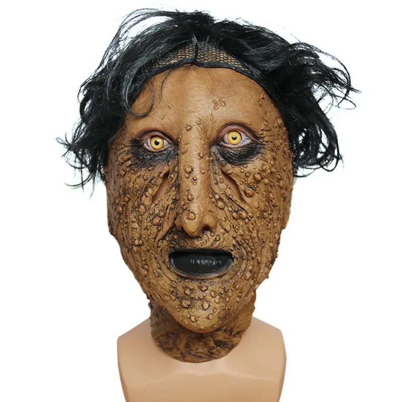 Assustador látex pockmarked máscara facial com peruca assustador vestir-se para festa de halloween realista horror masquerade masculino cosplay máscara