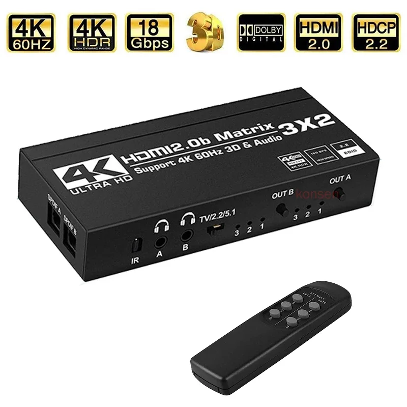 3X2 HDMI Matrix Switch 3 in 2 out 4K 60Hz  Matrix HDMI Switch Splitter with SPDIF L/R 3.5mm Audio out HDR for PS4/5 Xbox TV DVD