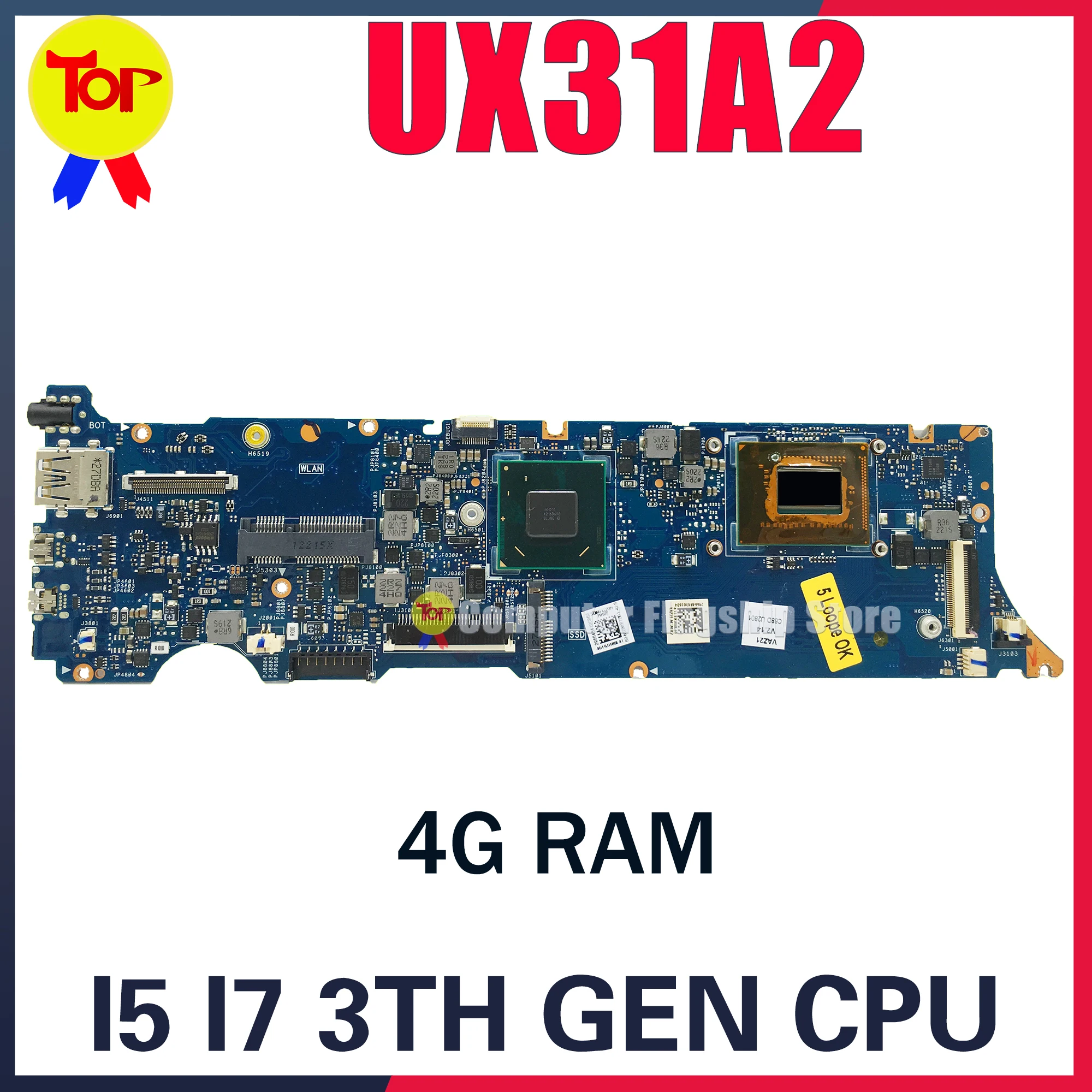 UX31A Laptop Motherboard For ASUS Zenbook UX31A2 UX31 I5-3TH I7-3TH GEN 4G-RAM Mainboard