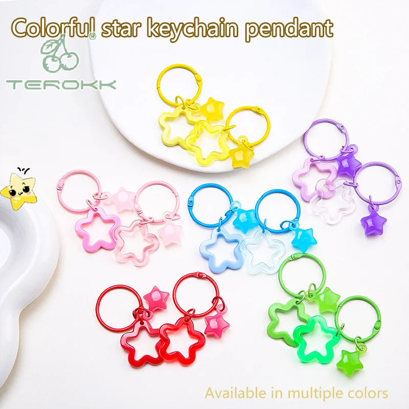 Metal Open Ring Keyrings Colorful Resin Five-pointed Star Bell Pendant Keychain For Women Girl Car Hanging Trinket Key Holder