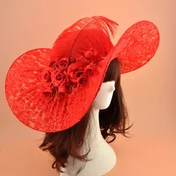 Sombrero de copa de encaje aristocrático de palacio retro nupcial, accesorios de boda noiva de novia, tocado, sombrero de plumas