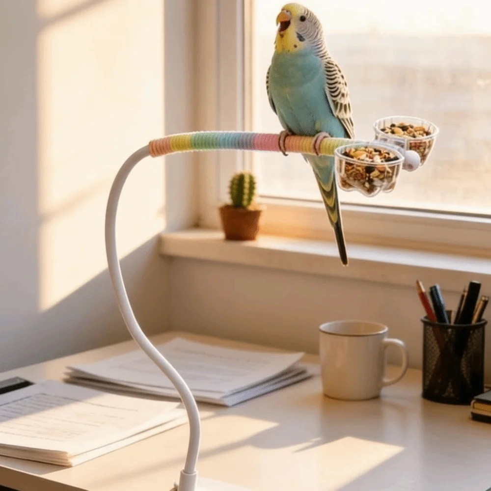 Bendable Desktop Bird Perch Stand Wear Resistant Bite Resistant Parrot Defecation Stand with Clip Colorful Chewing Rope