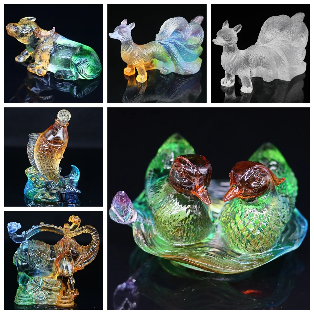 

Coloured Glaze Mandarin Ducks Elephant Nine Tailed Fox Sculpture Glass Crystal Art Colorful Ornament Fengshui Crafts Home Decor