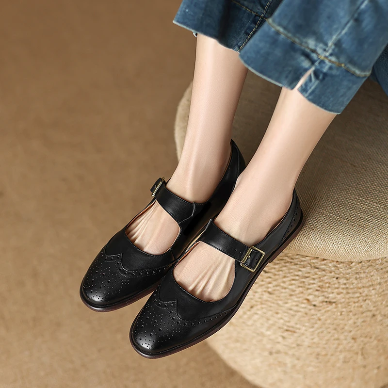 2023 Spring Women Pumps Genuine Leather Shoes for Women Round Toe Chunky Heel Shoes Shallow Low-heel Mary Janes Handmade Shoes