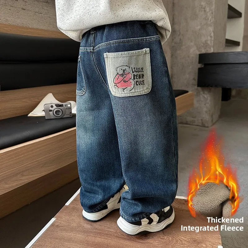 

Thickened Bear Patterned Fleece Lined Straight Leg Jeans for Boys Fashionable Autumn Winter Clothes Baby Toddler Kids Jeans