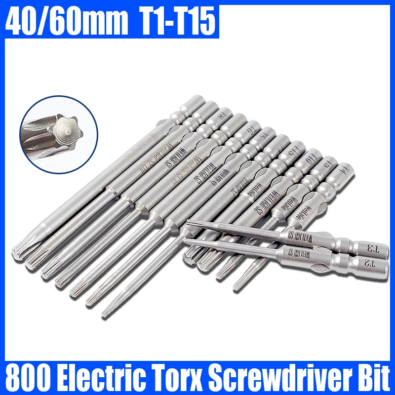 40/60mm T1-T15  800 Electric Torx Screwdriver 4mm Round Shank Magnetic Hex Bit Driver Tamper Proof Security Drill Bit Flat Head